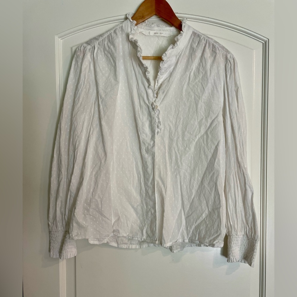 MNG White Dot Ruffle Neck Long Sleeve Cotton Blouse Women Size USA 6
